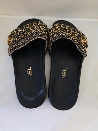 Chanel Black Leather 2016 Interlocking CC Logo Slides 36 sz