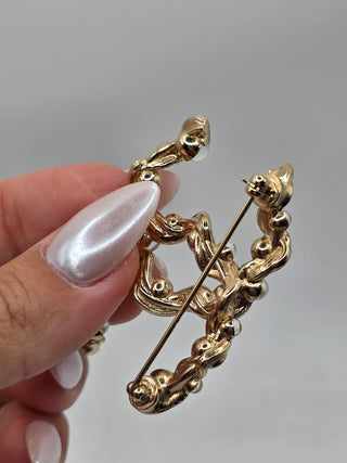 Chanel Gold-tone Faux Pearl Gripoix in CC Logo Brooch