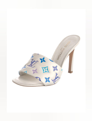 Louis Vuitton White Blue LV Monogram Leather Slides 40 sz