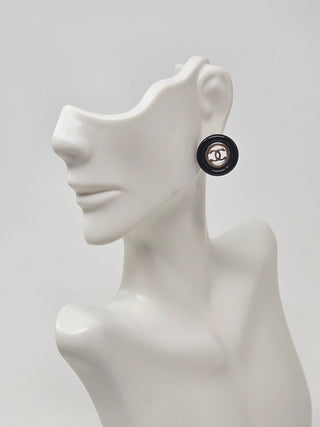 Chanel Gold-tone Black Enamel Interlocking CC Stud Earrings