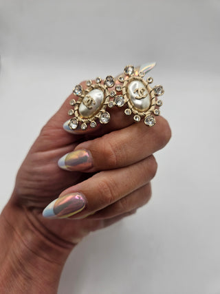 Chanel Golf-tone Pearl Strass Interlocking CC Stud Earrings