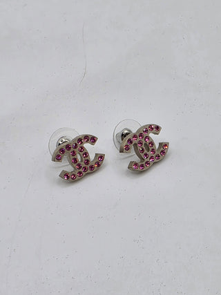 Chanel Silver-tone Pink Strass Interlocking CC Stud Earrings