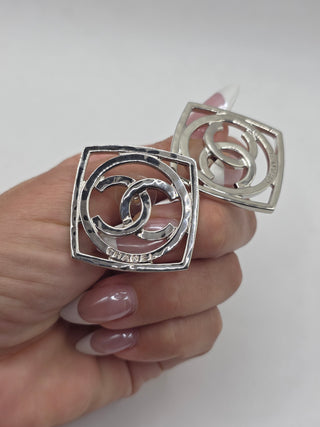 Chanel Silver-tone Interlocking CC Square Stud Earrings