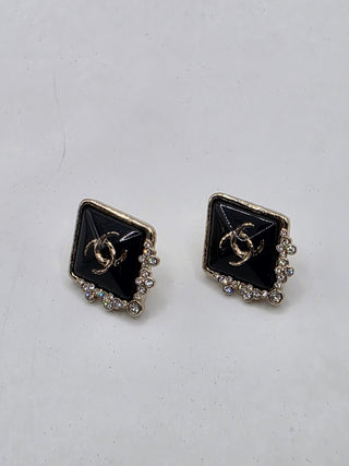 Chanel Gold-tone Blavk Strass Interlocking CC Stud Earrings