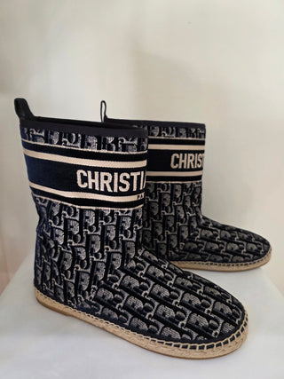 Christian Dior Blue Oblique Jacquard Velvet Boots 40 sz