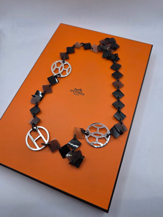 Hermès Black Silver-tone H Logo Horn Lena Station Necklace