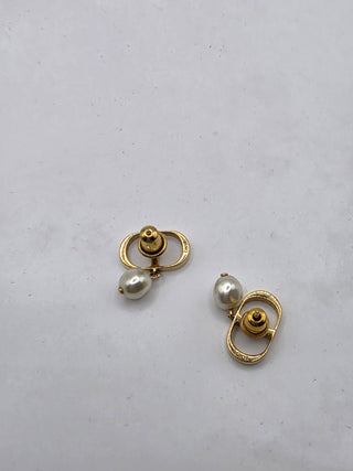 Christian Dior Gold-tone Faux Pearl Petit CD Stud Earrings
