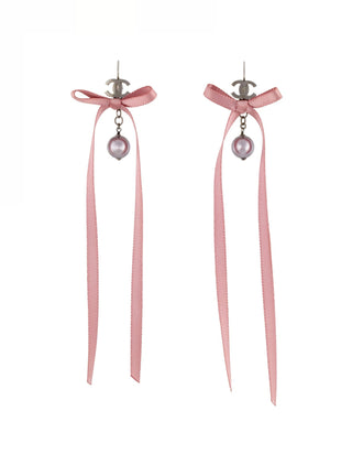 Chanel Silver-tone Faux Pearl Ribbon Bow CC Logo Drop Earrings