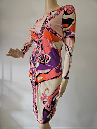 Emilio Pucci Pink multicolor signature print long-sleeved dress 8 US sz