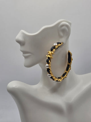 Chanel Gold-tone Faux Pearl Leather Interlocking CC Turnlock Hoop Earrings