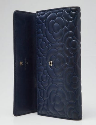 Chanel Blue Camellia Embossed Lambskin Leather L Flap Wallet