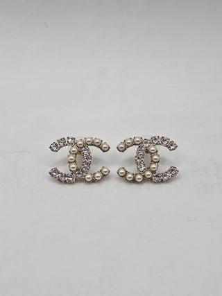 Chanel Gold-tone Faux Pearl Strass Interlocking CC Stud Earrings
