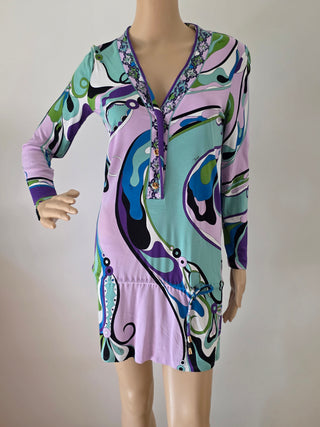 Emilio Pucci Purple Multicolor Signature Print long-sleeved dress 10 sz