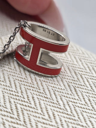 Hermes Red Enamel and Palladium Plated Pop H Pendant Necklace