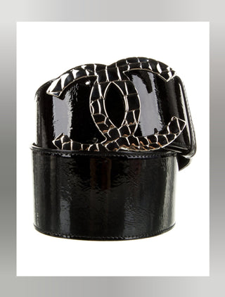 Chanel Black Patent Leather Interlocking CC Logo wide belt M sz