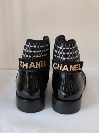 Chanel 2017 Tweed Pattern Logo Embellished Combat Boots 39 sz