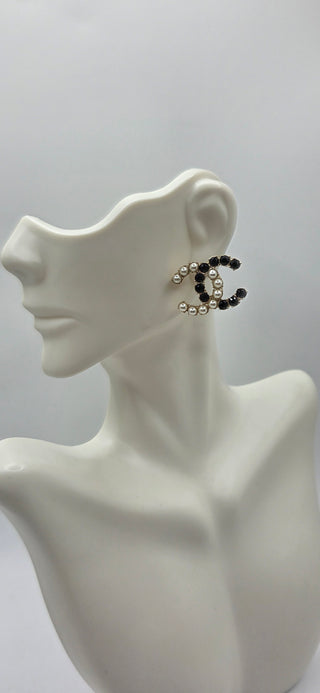 Chanel Gold-tone Faux Pearl Strass Interlocking CC Stud Earrings