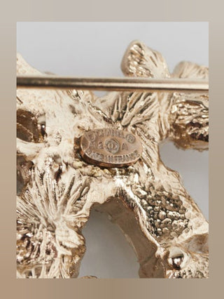 Chanel Gold-tone Metal Crystal Pearl White Nacre CC Brooch