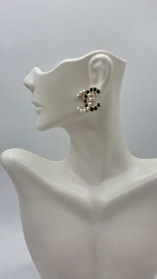 Chanel Gold-tone Faux Pearl Strass Interlocking CC Stud Earrings