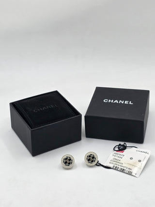 Chanel Silver-tone Resin Faux Pearl Interlocking CC Stud Earrings