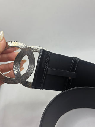 Chanel Black Patent Leather Interlocking CC Logo wide belt M sz