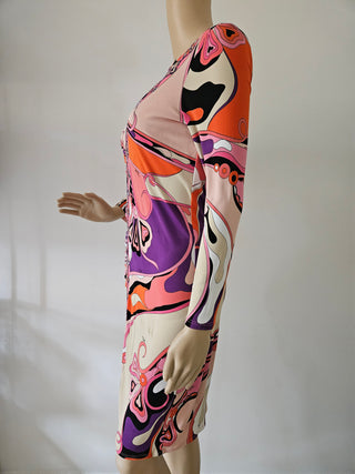 Emilio Pucci Pink multicolor signature print long-sleeved dress 8 US sz