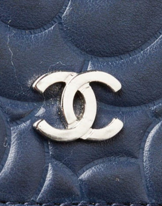 Chanel Blue Camellia Embossed Lambskin Leather L Flap Wallet