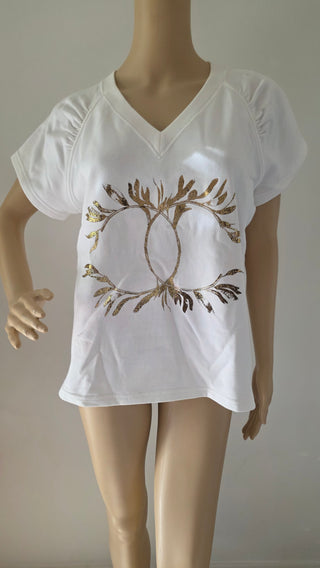 Chanel White Gold-tone CC Logo 2018 Paris-Greece T-Shirt L sz