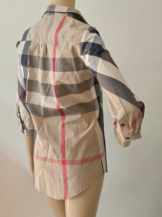 Burberry Brit Plaid Print Three-Quarter Sleeve Button-Up Top XS sz