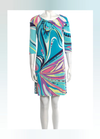 Emilio Pucci Blue Multicolor Signature Print Summer Dress S sz