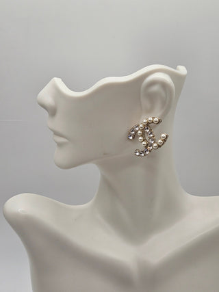 Chanel Gold-tone Faux Pearl Strass Interlocking CC Stud Earrings