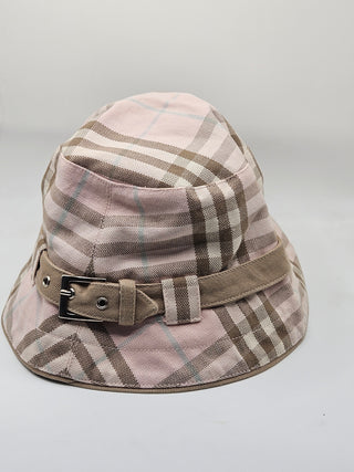 Burberry London Pink Beige Nova Check Plaid Print Canvas Bucket Hat M sz