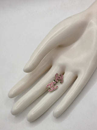 Chanel Silver-tone Pink Strass Interlocking CC Stud Earrings