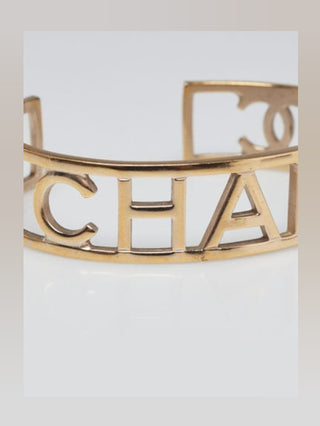 Chanel Goldtone Brushed Metal Logo Cuff Bracelet