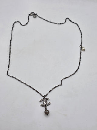 Chanel Silver-tone Faux Pearl Strass Interlocking CC Pendant Necklace