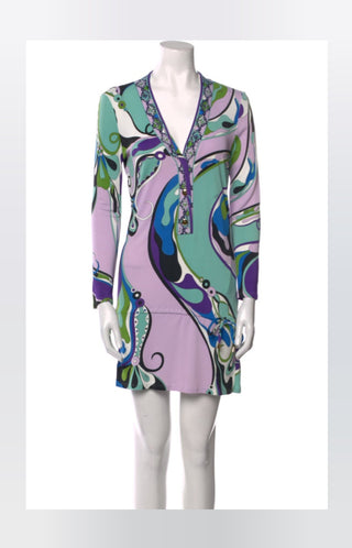 Emilio Pucci Purple Multicolor Signature Print long-sleeved dress 10 sz