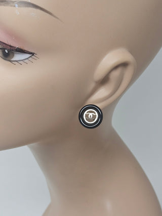 Chanel Gold-tone Black Enamel Interlocking CC Stud Earrings