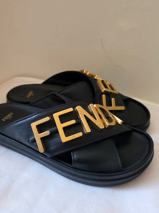 Fendi Black leather Gold-tone logos slides 38.5 sz