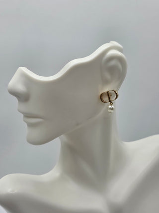 Christian Dior Gold-tone Faux Pearl Petit CD Stud Earrings