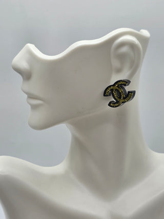 Chanel Black Gold-tone Glitter Resin CC Stud Single Earring