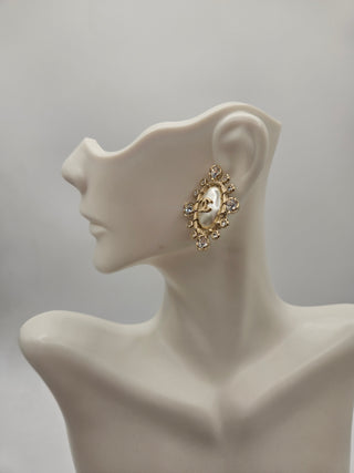 Chanel Golf-tone Pearl Strass Interlocking CC Stud Earrings