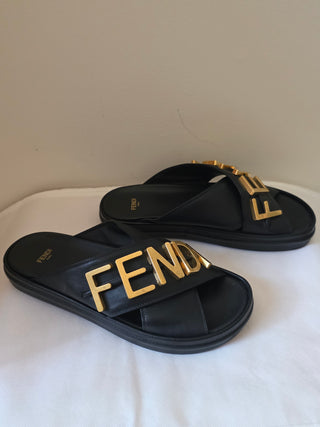Fendi Black leather Gold-tone logos slides 38.5 sz