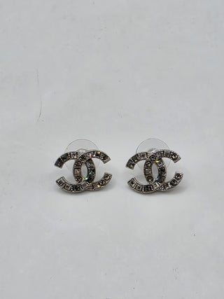 Chanel Silver-tone Strass Interlocking CC Stud Earrings