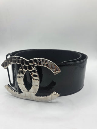 Chanel Black Patent Leather Interlocking CC Logo wide belt M sz