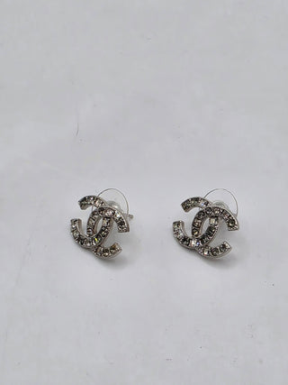 Chanel Silver-tone Strass Interlocking CC Stud Earrings