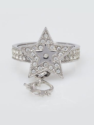 CHRISTIAN DIOR Silvertone Metal Crystal Star Cocktail Ring Size 5