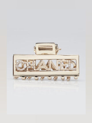 Chanel Goldtone Metal Crystal Logo Printed Hair Claw Clip