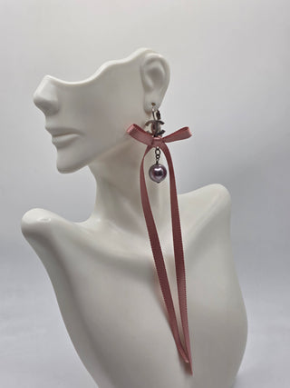 Chanel Silver-tone Faux Pearl Ribbon Bow CC Logo Drop Earrings