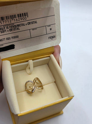 Fendi Gold-tone Crystal Embellished Logo Cocktail Ring M 7 sz