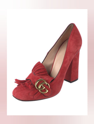 Gucci Red Suede Fringe Trim Accent Pumps 39 sz